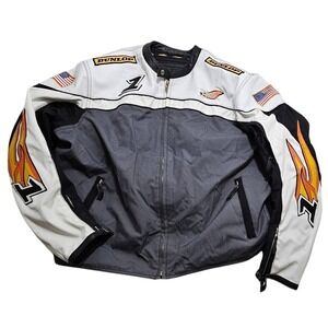 Power Trip Men 3XL Leather Nylon Motorcycle Racing Jacket Gray White Flame Patch
